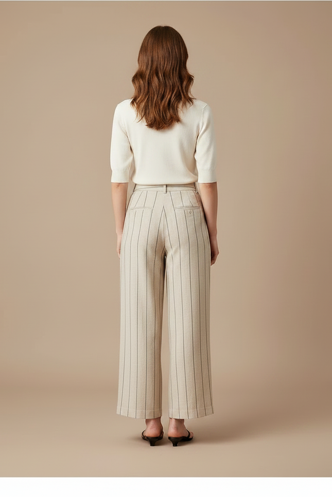 Pantalon Chino Rayé Lin Ample Décontracté Femme - Beige - vue 2