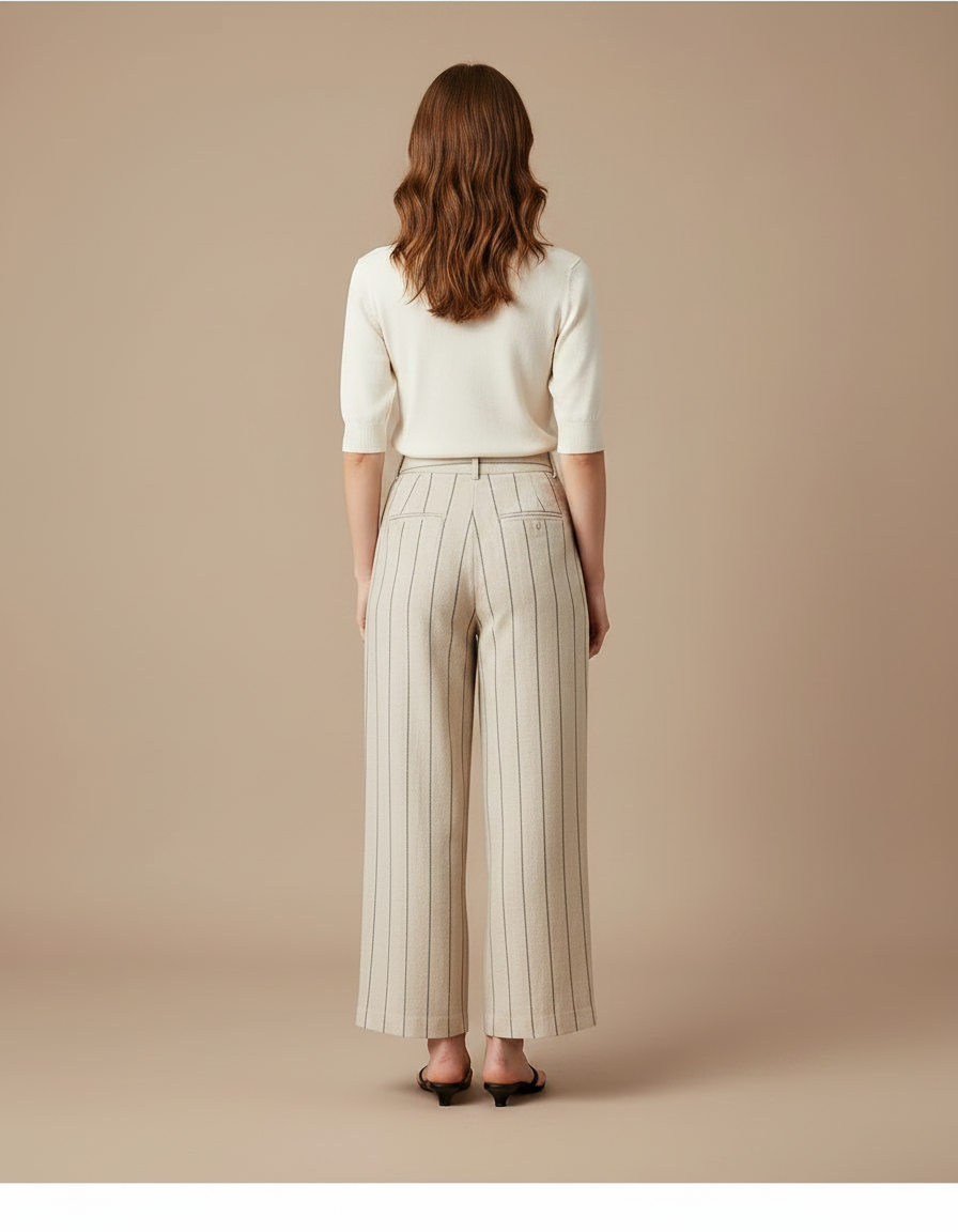 Pantalon Chino Rayé Lin Ample Décontracté Femme - Beige - vue 2