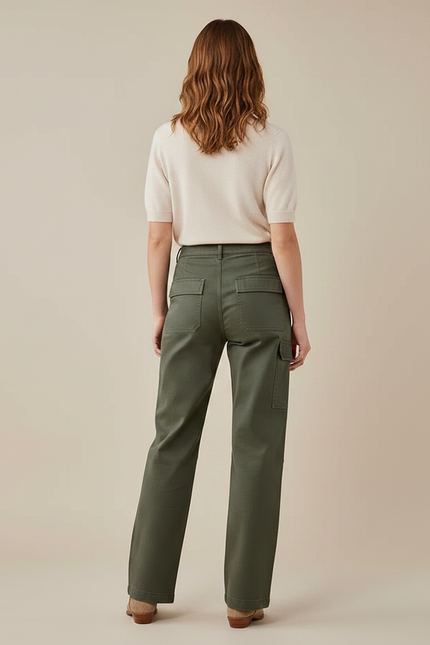 Pantalon Chino Vert Olive Ample Décontracté Femme - Kaki Gabardine - vue 2