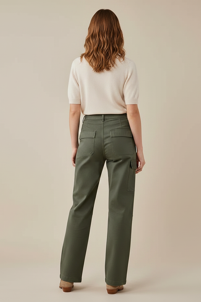 Pantalon Chino Vert Olive Ample Décontracté Femme - Kaki Gabardine - vue 2