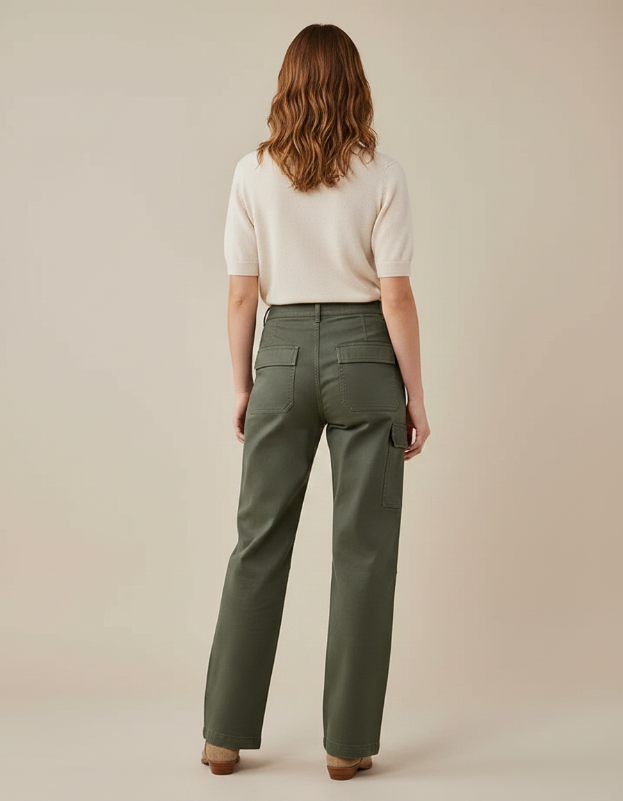 Pantalon Chino Vert Olive Ample Décontracté Femme - Kaki Gabardine - vue 2