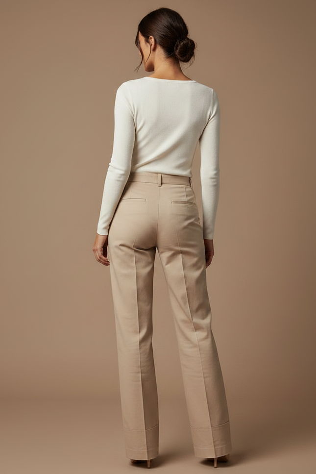 Pantalon Chino Beige Taille Haute Évasé Femme Élégant - Gabardine - vue 2