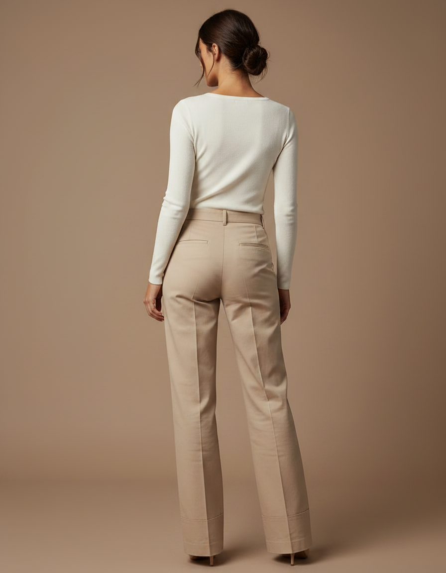 Pantalon Chino Beige Taille Haute Évasé Femme Élégant - Gabardine - vue 2