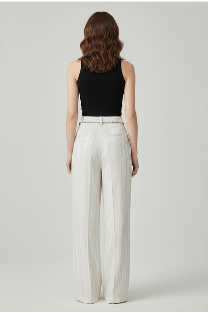 Pantalon Chino Blanc Rayé Large Fluide Élégant - Viscose - vue 2