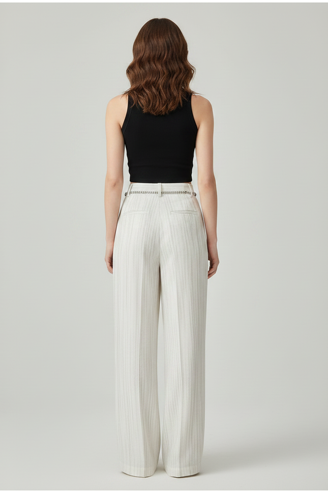 Pantalon Chino Blanc Rayé Large Fluide Élégant - Viscose - vue 2