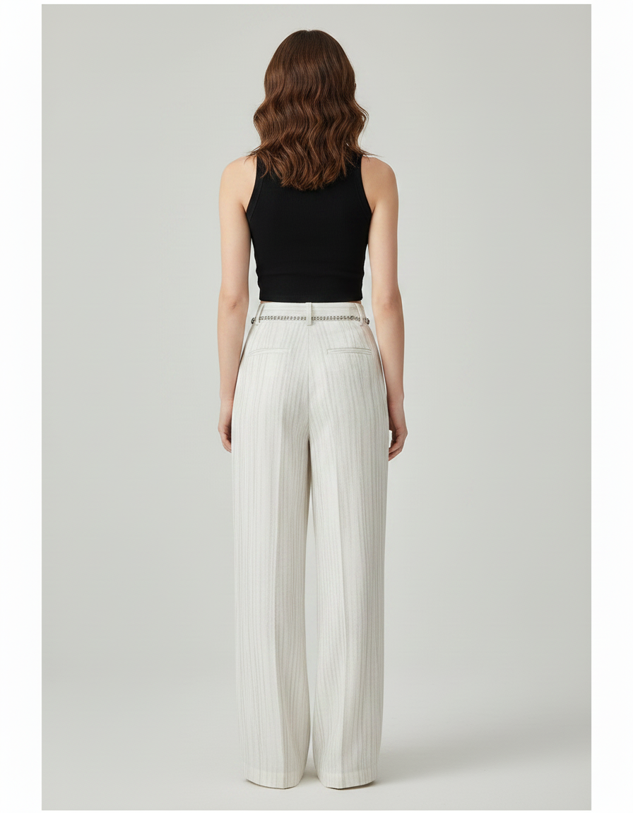 Pantalon Chino Blanc Rayé Large Fluide Élégant - Viscose - vue 2