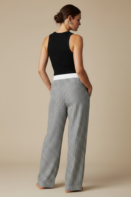 Pantalon Chino Rayé Ample Fluide Décontracté Coton - Imprimé - vue 2