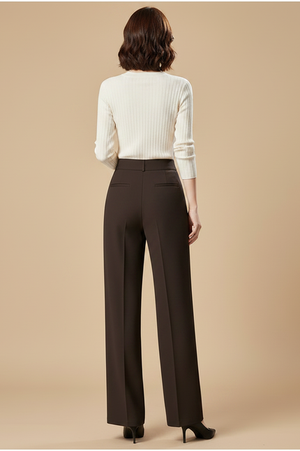 Pantalon Chino Marron Élastique Taille Haute Droit Femme - Polyester - vue 2