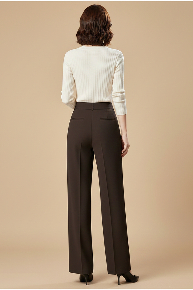 Pantalon Chino Marron Élastique Taille Haute Droit Femme - Polyester - vue 2