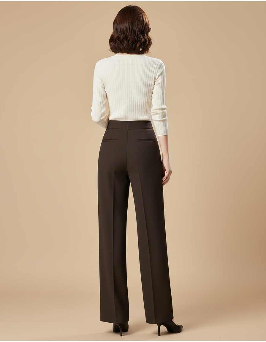 Pantalon Chino Marron Élastique Taille Haute Droit Femme - Polyester - vue 2