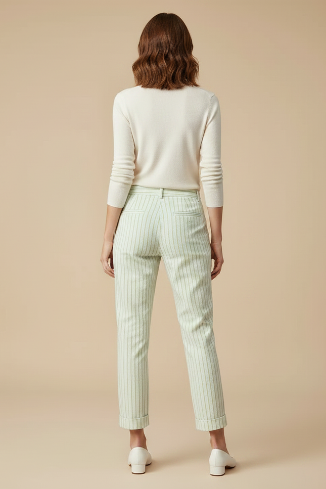 Pantalon Chino Rayé Vert Coton Droit Décontracté - vue 2