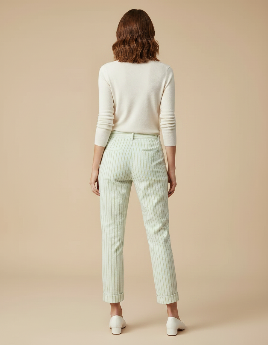 Pantalon Chino Rayé Vert Coton Droit Décontracté - vue 2