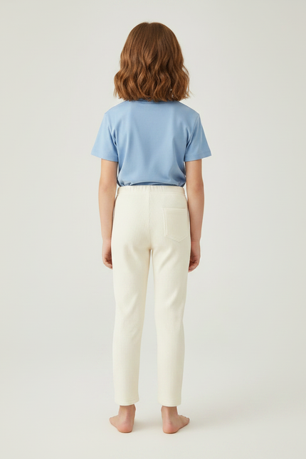 Pantalon Chino Enfant Côtelé Écru Brodé Confortable - Beige Cordé - vue 2