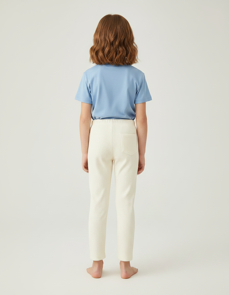 Pantalon Chino Enfant Côtelé Écru Brodé Confortable - Beige Cordé - vue 2