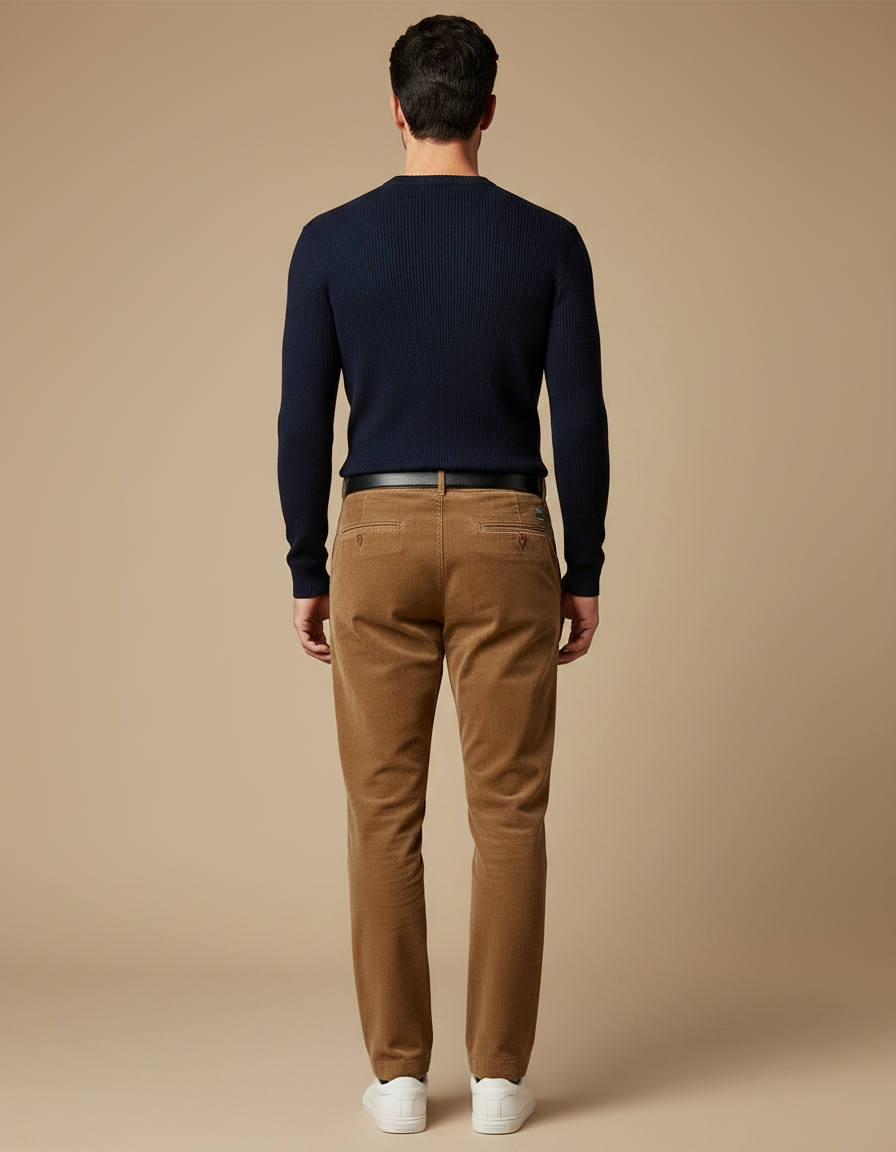 Pantalon Chino Marron Côtelé Plissé Décontracté Homme - Cordé - vue 2