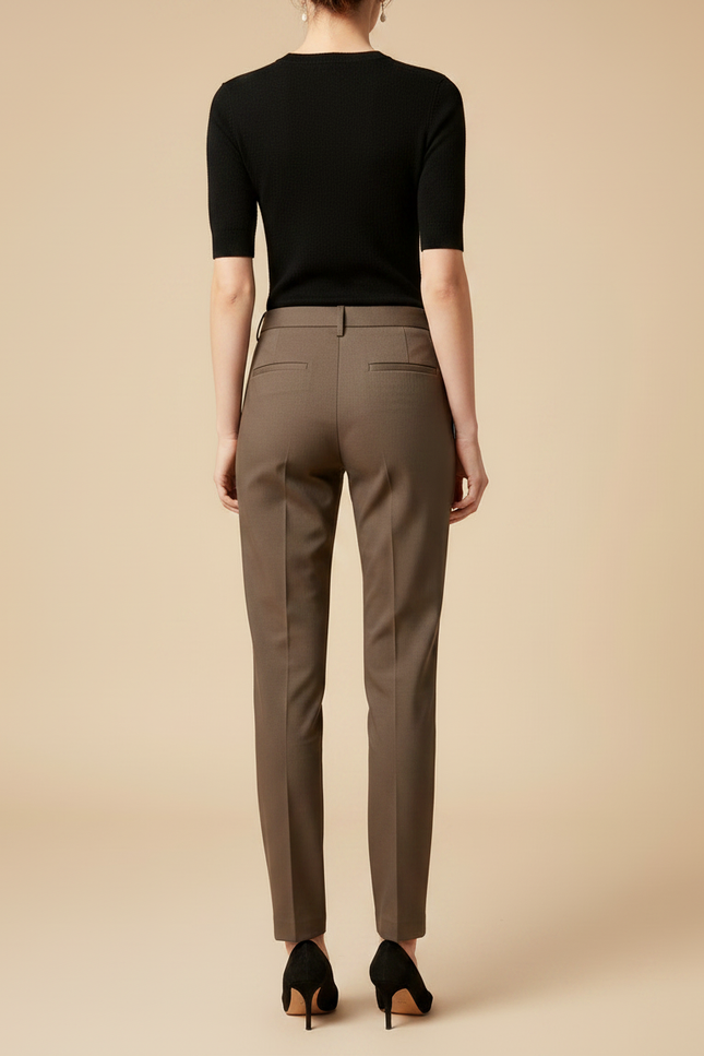 Pantalon Chino Marron Taille Haute Élégant Slim Femme - Gabardine - vue 2