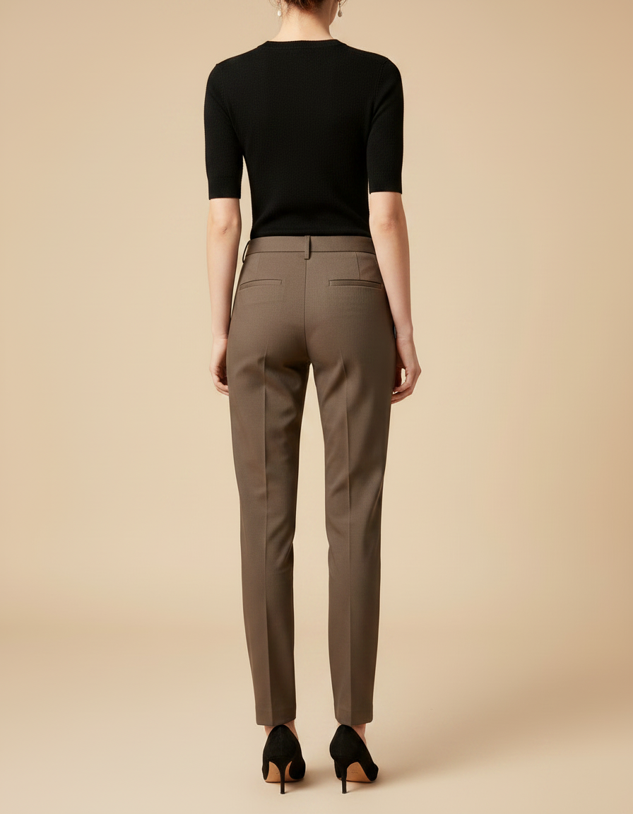 Pantalon Chino Marron Taille Haute Élégant Slim Femme - Gabardine - vue 2