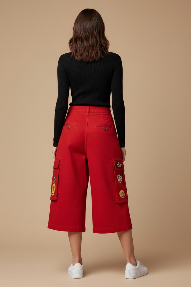 Pantalon Chino Rouge Brodé Ample Décontracté Femme - Gabardine - vue 2