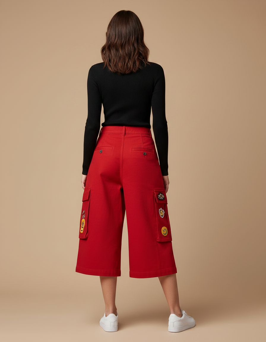 Pantalon Chino Rouge Brodé Ample Décontracté Femme - Gabardine - vue 2