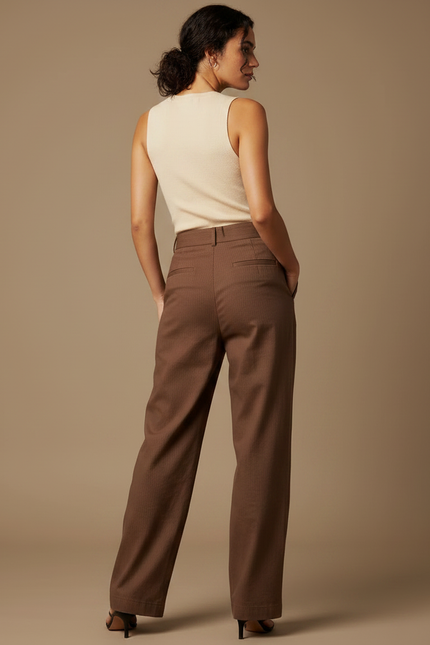 Pantalon Chino Marron Ample Taille Haute Plissé Femme - Gabardine - vue 2