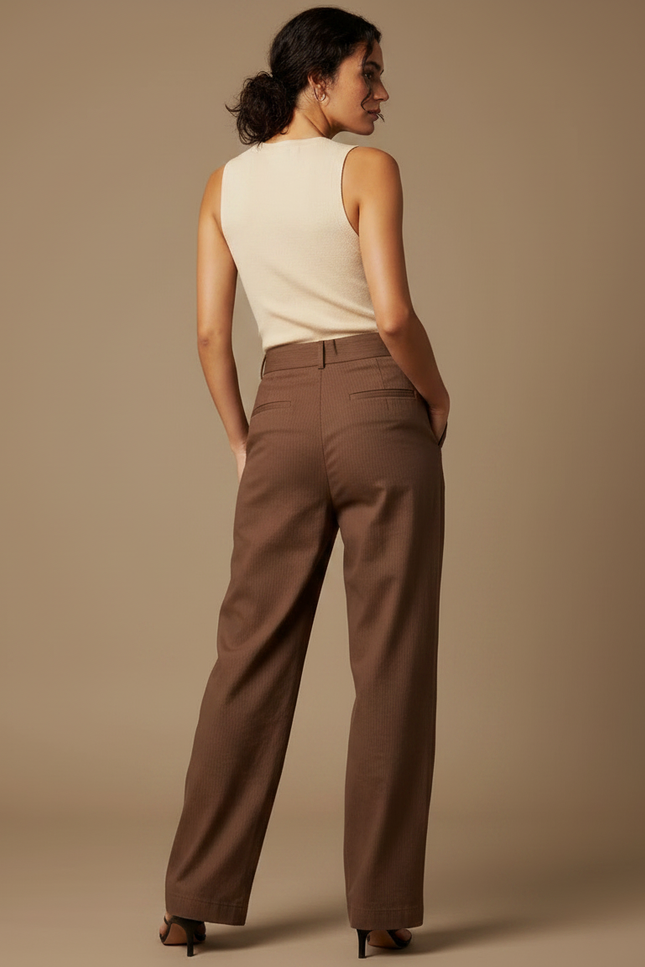 Pantalon Chino Marron Ample Taille Haute Plissé Femme - Gabardine - vue 2