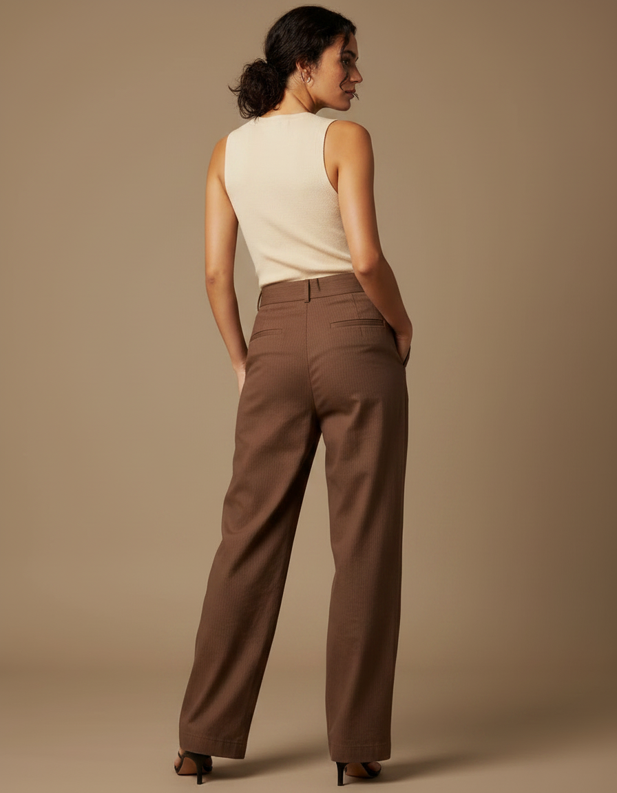 Pantalon Chino Marron Ample Taille Haute Plissé Femme - Gabardine - vue 2