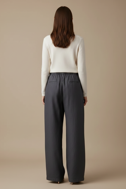Pantalon Chino Gris Ample Fluide Lin Femme - vue 2