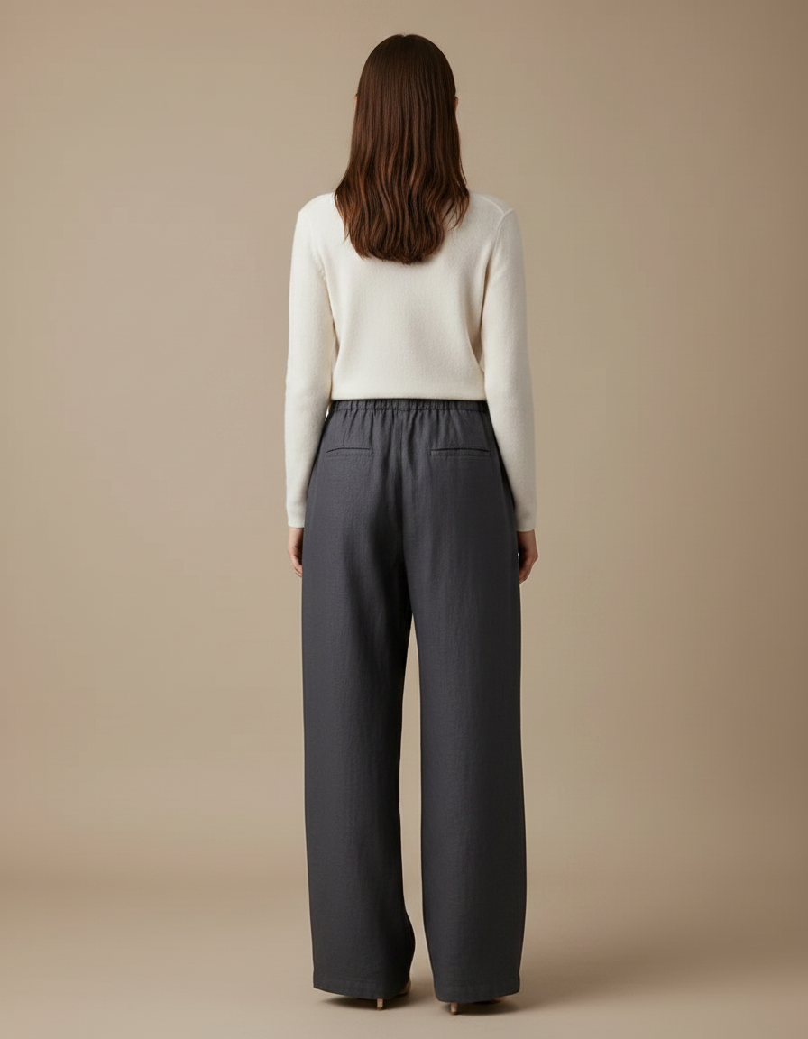 Pantalon Chino Gris Ample Fluide Lin Femme - vue 2