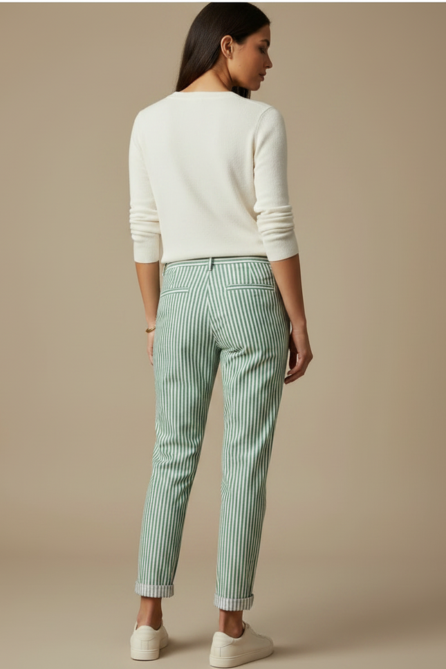 Pantalon Chino Rayé Vert Blanc Ample Coton - Multicolore - vue 2