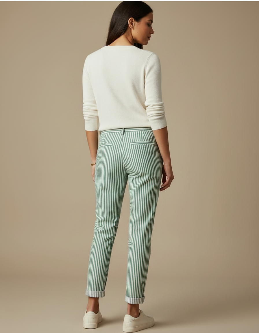 Pantalon Chino Rayé Vert Blanc Ample Coton - Multicolore - vue 2