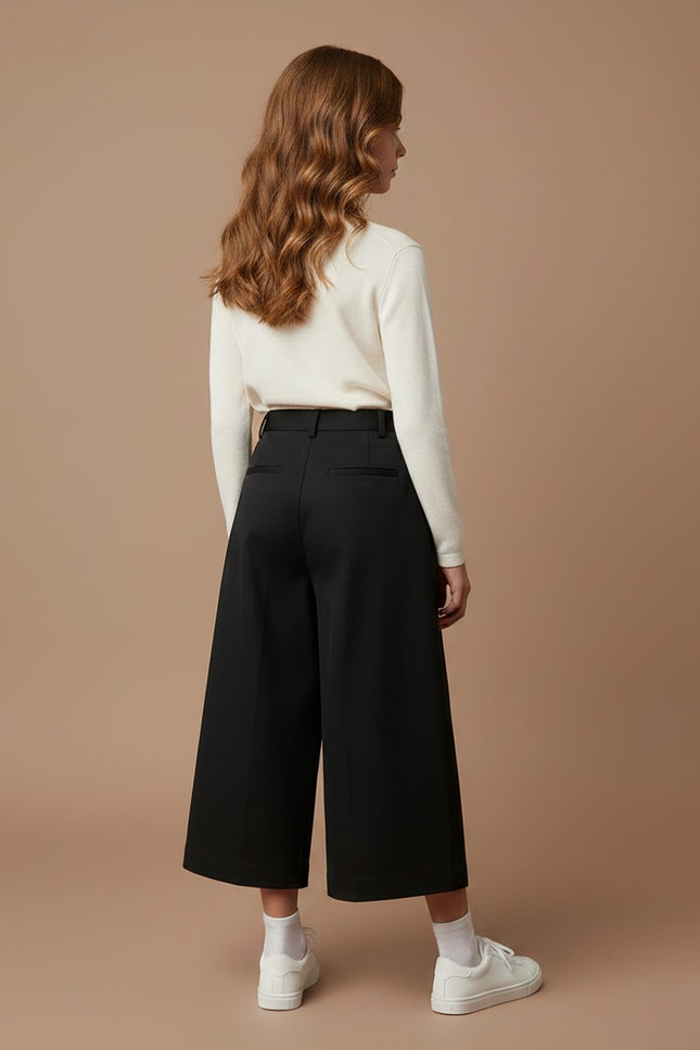 Pantalon Chino Noir Ample Plissé Fille Élégant - Gabardine - vue 2