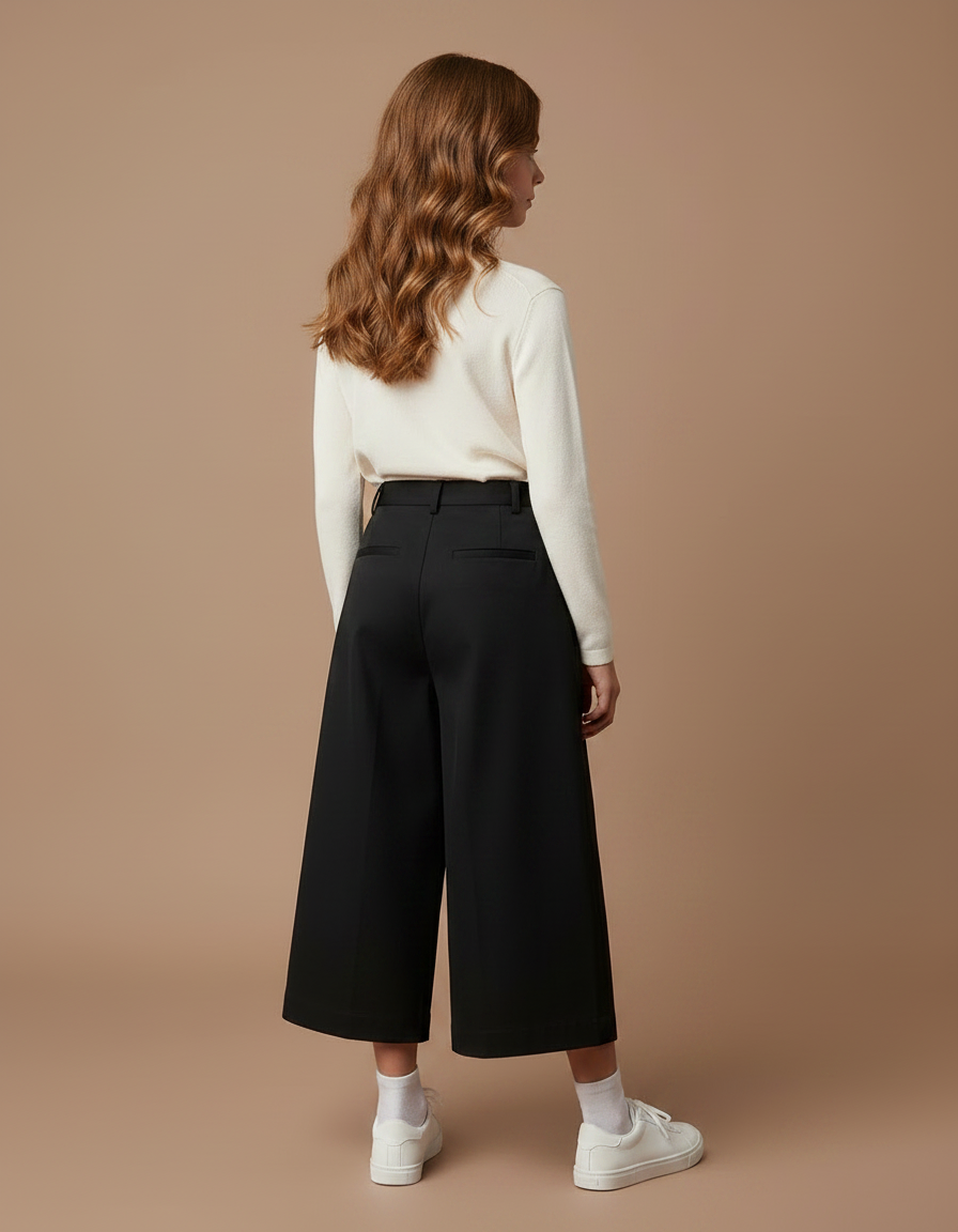 Pantalon Chino Noir Ample Plissé Fille Élégant - Gabardine - vue 2