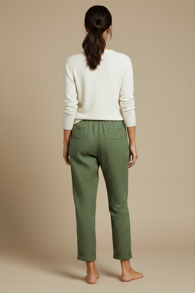 Pantalon Chino Vert Olive Coton Lin Décontracté Femme - Kaki - vue 2