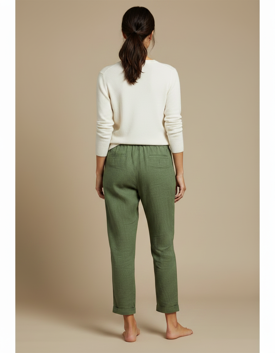 Pantalon Chino Vert Olive Coton Lin Décontracté Femme - Kaki - vue 2