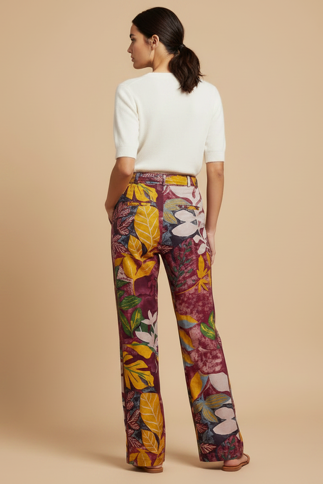 Pantalon Chino Imprimé Feuilles Colorées Taille Haute Fluide - Multicolore Viscose - vue 2