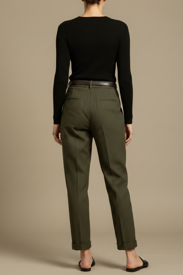 Pantalon Chino Vert Olive Plissé Coton Femme - Laine - vue 2