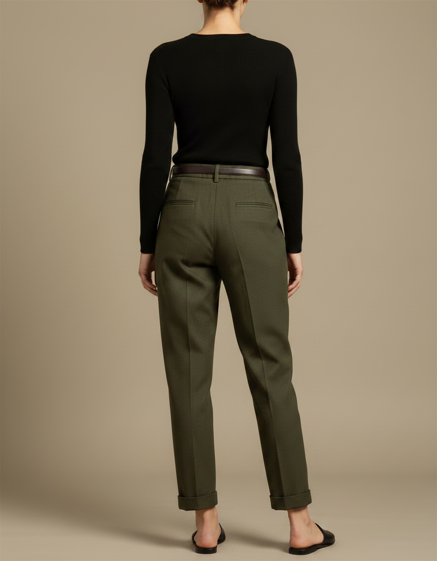 Pantalon Chino Vert Olive Plissé Coton Femme - Laine - vue 2