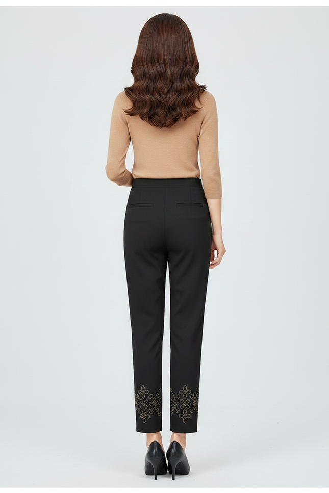 Pantalon Chino Noir Brodé Cheville Élégant Femme - Polyester - vue 2