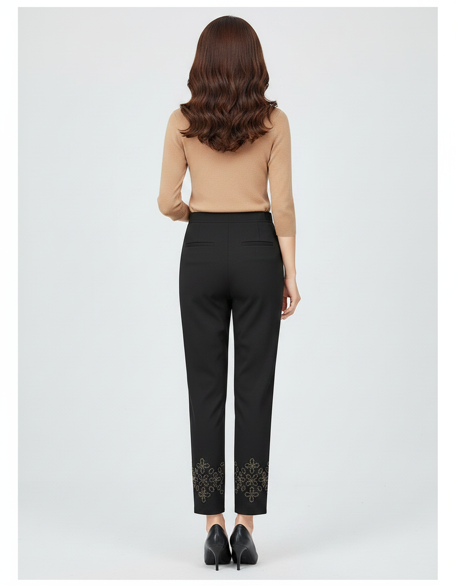 Pantalon Chino Noir Brodé Cheville Élégant Femme - Polyester - vue 2