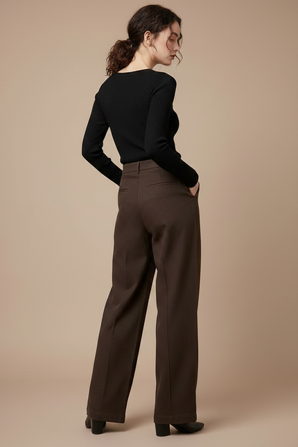 Pantalon Chino Marron Ample Taille Haute Élégant Femme - Gabardine - vue 2