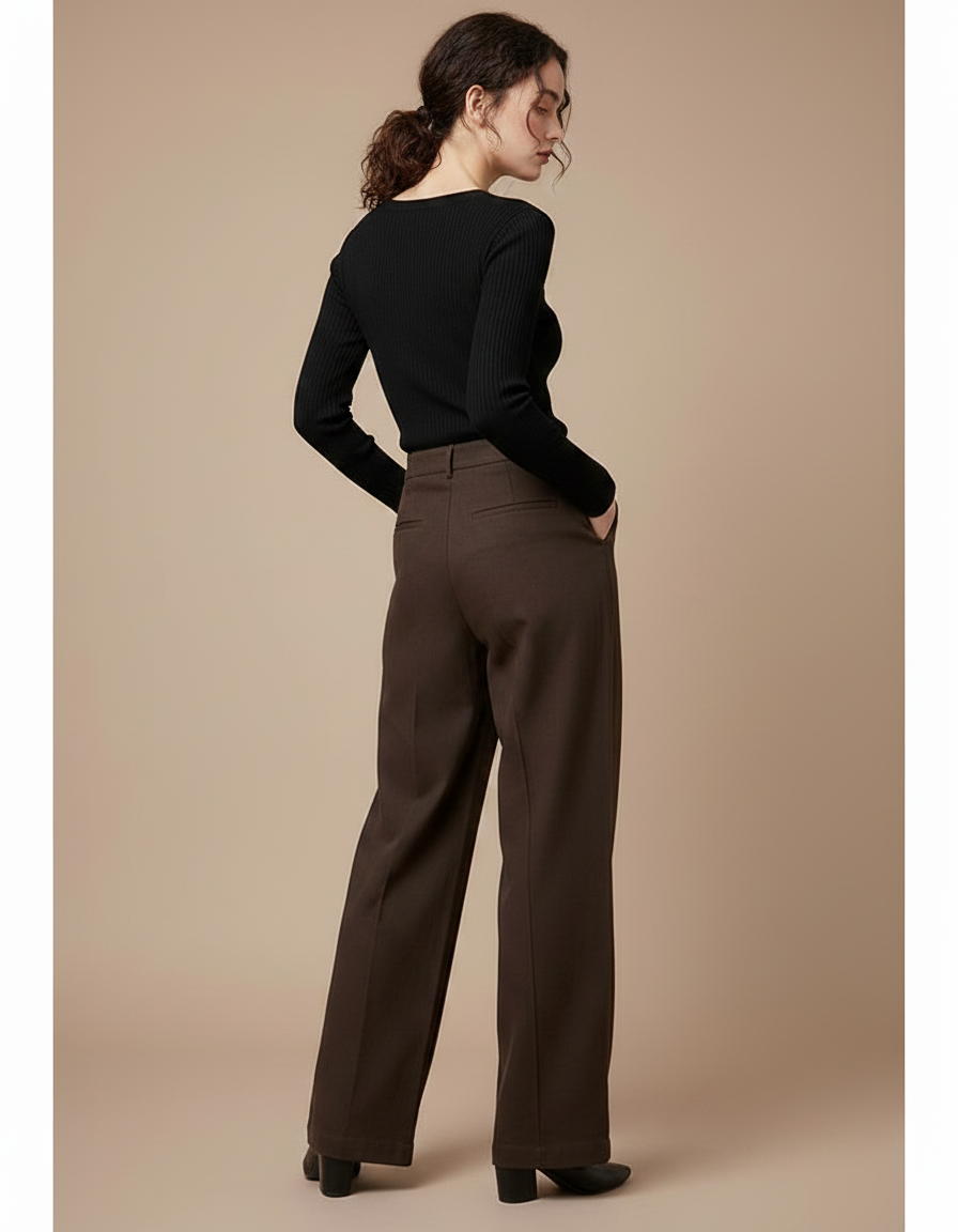 Pantalon Chino Marron Ample Taille Haute Élégant Femme - Gabardine - vue 2