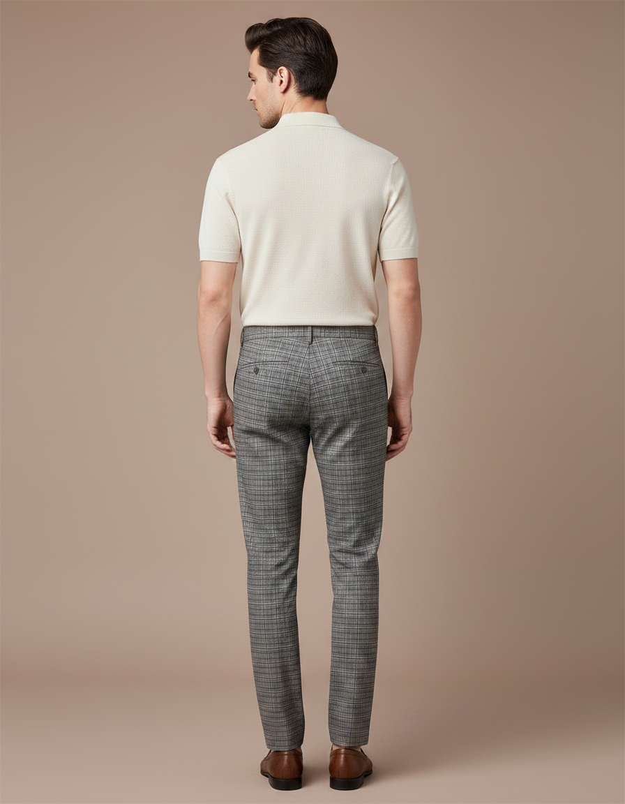 Pantalon Chino Carreaux Gris Slim Élégant Formel - Laine - vue 2