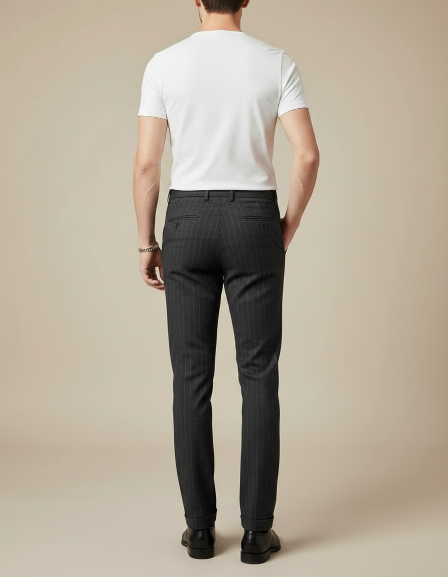 Pantalon Chino Gris Rayures Fines Slim Habillé - Laine - vue 2