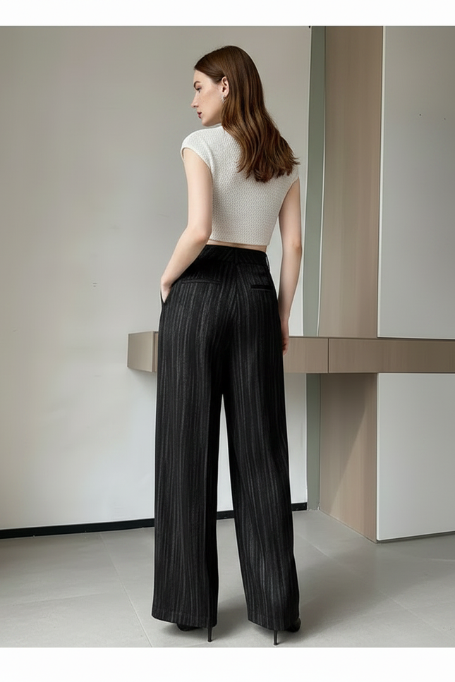 Pantalon Chino Noir Rayé Large Plissé Fluide - Polyester - vue 2