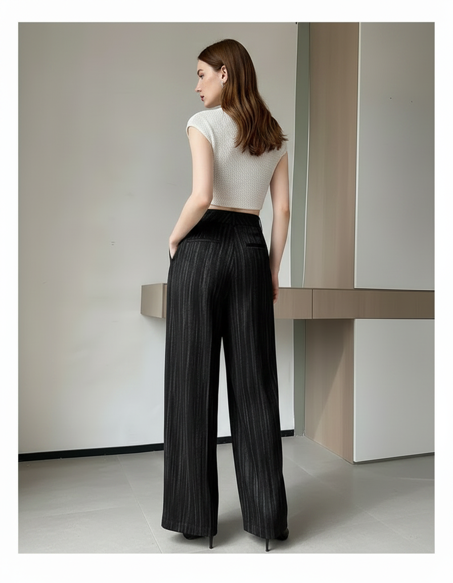 Pantalon Chino Noir Rayé Large Plissé Fluide - Polyester - vue 2