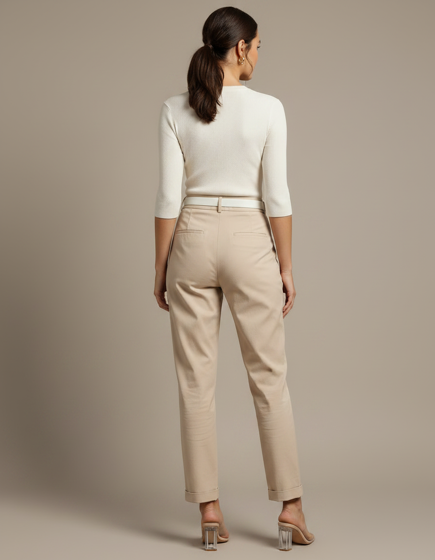 Pantalon Chino Beige Plissé Tapered Décontracté Femme - Gabardine - vue 2