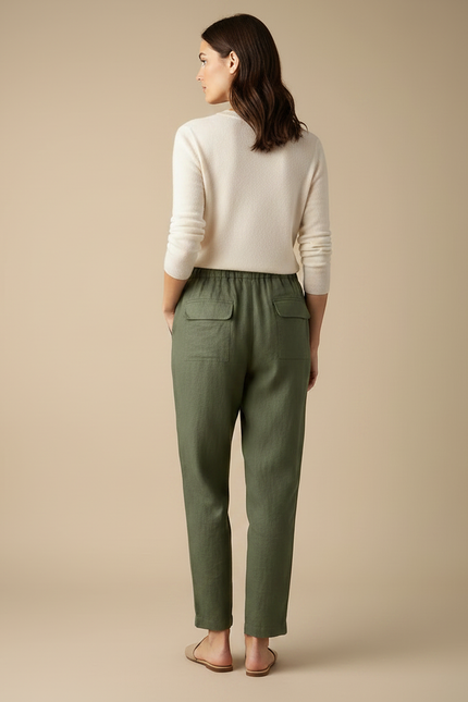 Pantalon Chino Vert Olive Ample Lin Femme - Kaki - vue 2