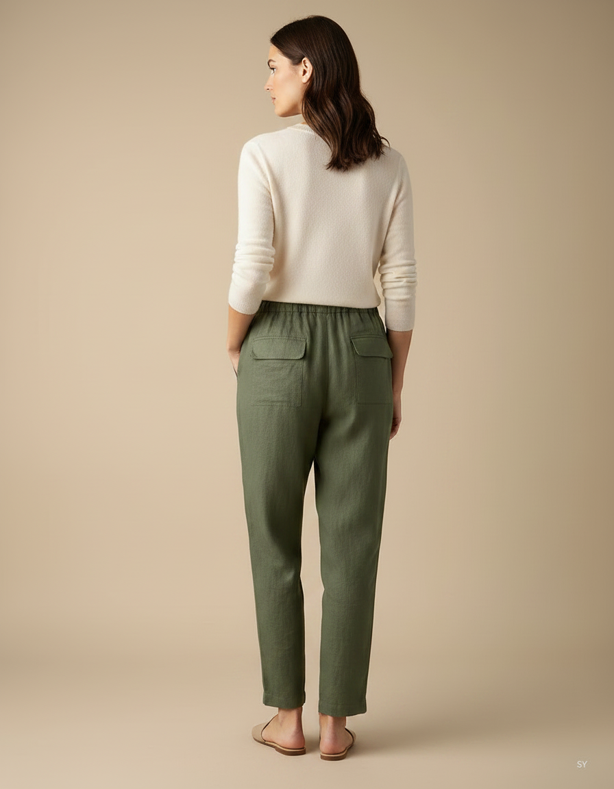 Pantalon Chino Vert Olive Ample Lin Femme - Kaki - vue 2