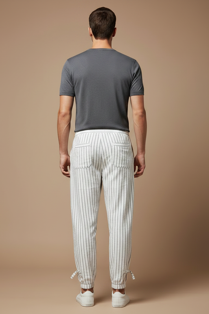 Pantalon Chino Blanc Rayé Lin Ample Cordon - vue 2