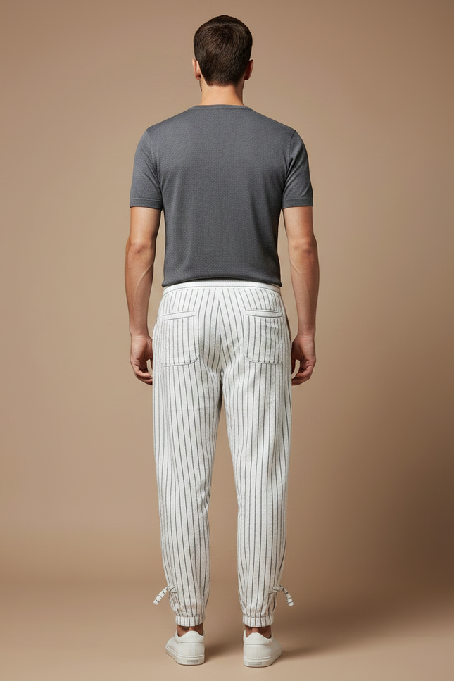 Pantalon Chino Blanc Rayé Lin Ample Cordon - vue 2
